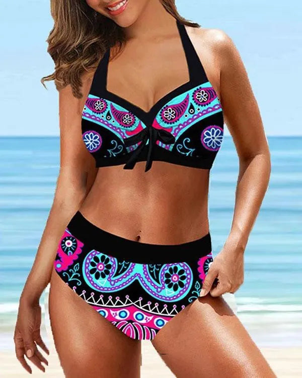 EP | Plus Taille Vintage Floral Print Lace Up Halter V-cou Sexy Bikini Set