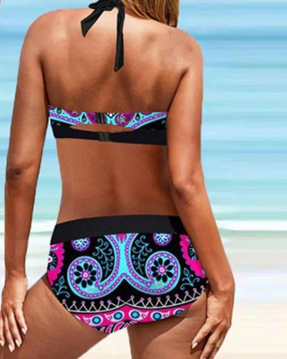 EP | Plus Taille Vintage Floral Print Lace Up Halter V-cou Sexy Bikini Set